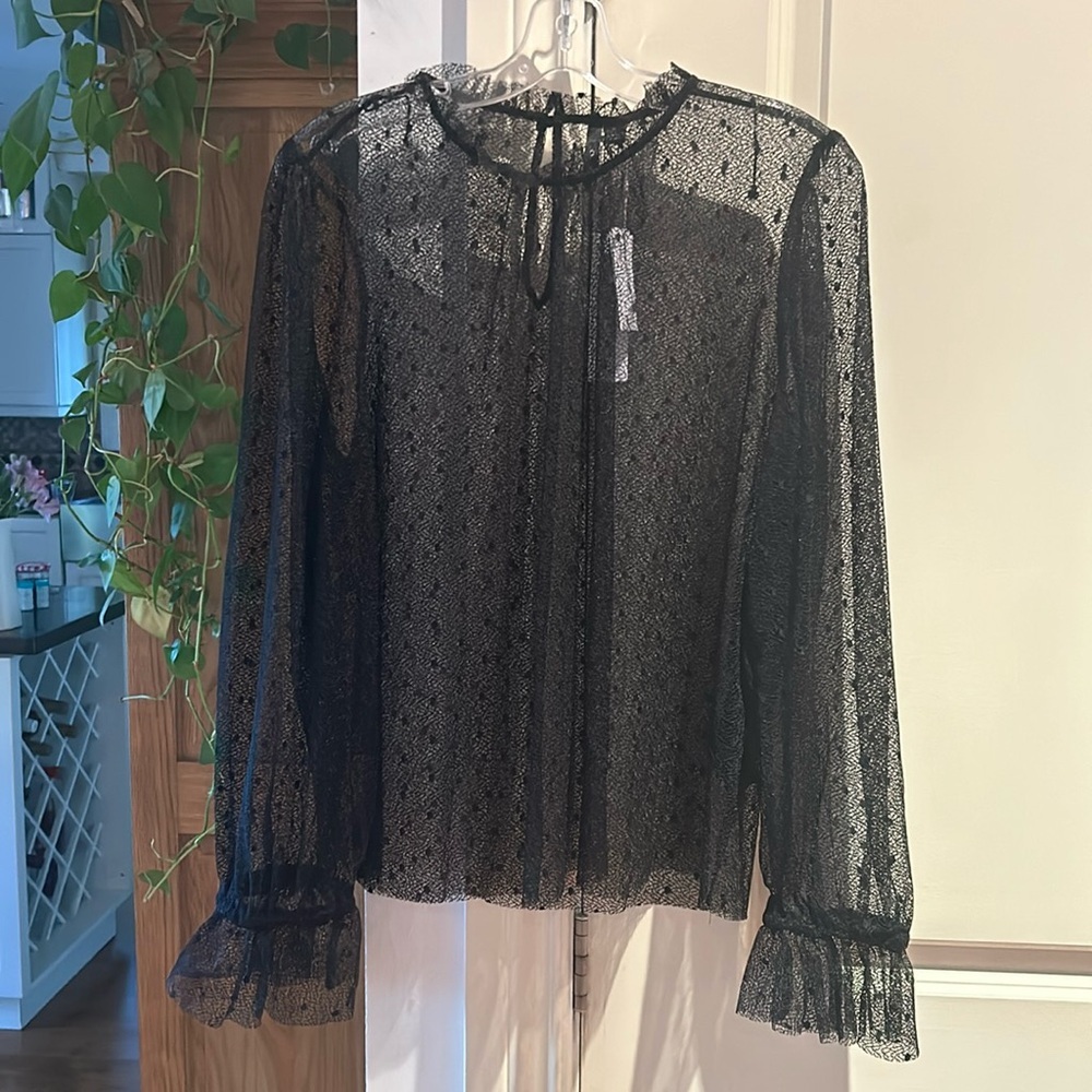 EVER NEW black lace high neck sheer long sleeve tulle blouse medium - Picture 3 of 10